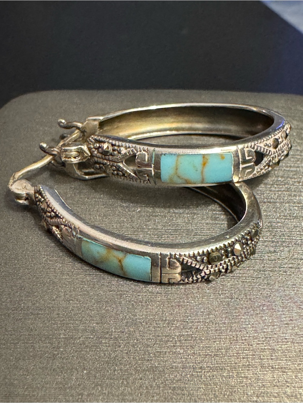 Sterling Silver Turquoise Inlay Oval Hoop Earrings – 1.25” – 6.63g